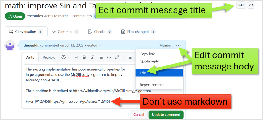 Screenshot of the GitHub PR web interface highlighting
the "Edit" button in top-right (for editing the Gerrit commit message title) and
the "Edit" menu option on the first comment (for editing the Gerrit commit message
body).